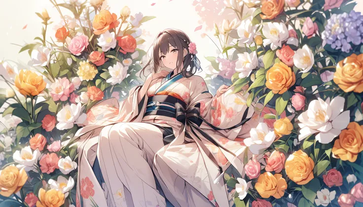 girl、kimono、Gorgeous flowers on background