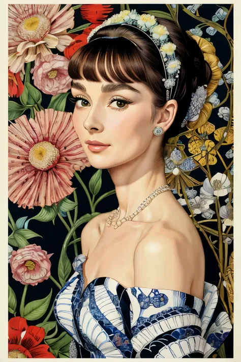 Kehinde Wiley, Sherald, Beardsley, Rousseau, Ukrainian folk art, Rivera, Kusama, William Morris: striped and polka-dotted birds and flowers mixed with ((Masterpiece)), Create a stunning picture, ((Beautiful lady Audrey Hepburn)), High resolution, Intricate...