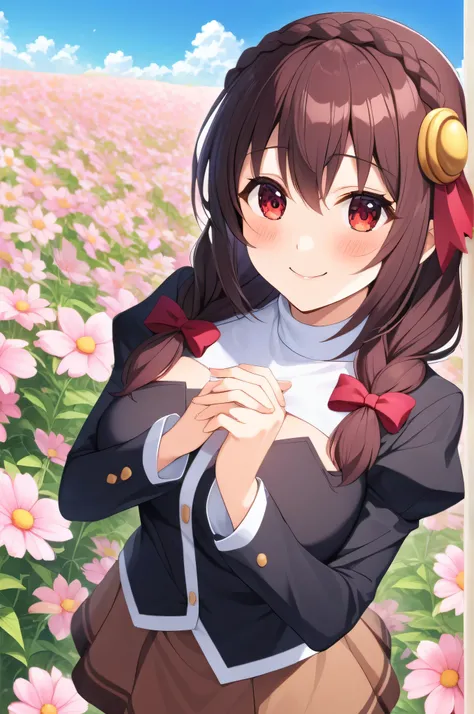 masterpiece,Best Quality, High resolution,One person, Yunyun、My name is Yunyun, Crown braids in the same color as your hair, Red eyes、Hair Accessories, Hair Ribbon, (White turtleneck:1.2)、(Brown Skirt), The chest is large、(The best smile:1.5)、(blush:1.7)、(...