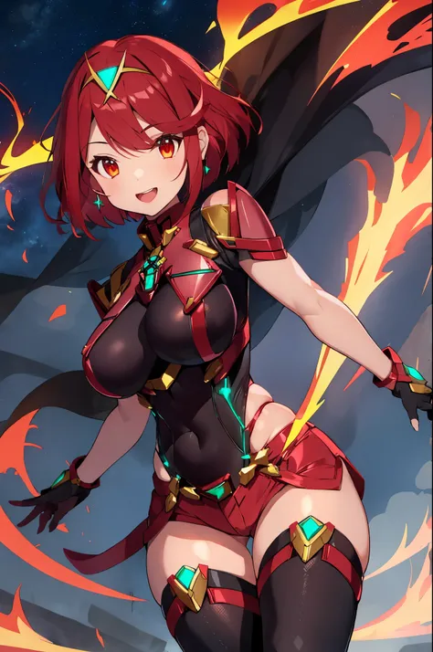 pyra (xenoblade), young_teen_1girl, armor, bangs, black gloves, breasts, red eyes, closed mouth, earrings, eyelashes, fingerless gloves, floating hair, framed breasts, gem, gloves, hair ornament, headpiece, jewelry, big_breasts, leaning back, leotard, neon...