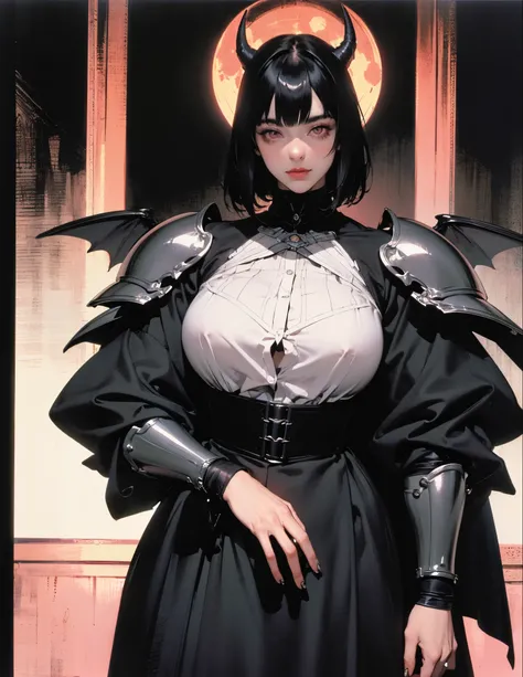 (best lighting) (best quality, masterpiece:1.2), (absurdres), 4k, (detailed eyes), (detailed face), alluring woman ((wearing heavy black armour)) with short black hair, blunt cut bangs and ((glowing pink eyes)). Horns and large bat wings. Shes standing in ...