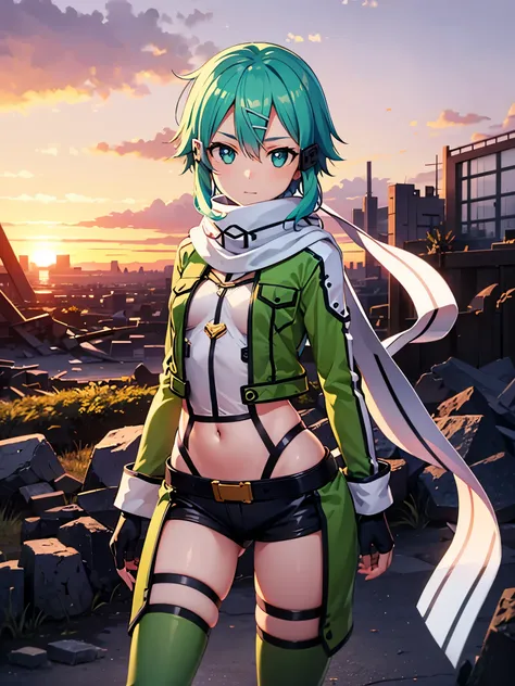 masterpiece, best quality, integrated scenery, integrated background, extremely delicate and beautiful, meticulous details, good composition, , cute face, perfect face, perfect hands, best quality, expressive eyes, perfect face, highres, sinon1, scarf, fin...