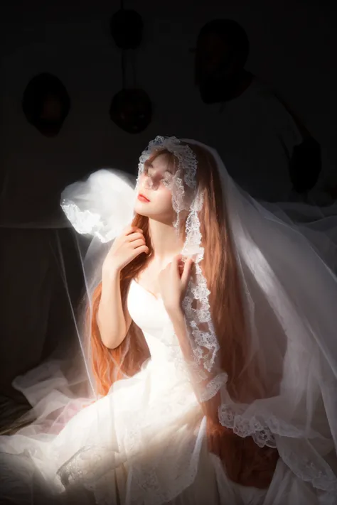 arafed woman in a wedding dress sitting on a bed, soft ethereal lighting, inspired by Pierre Auguste Cot, a still of an ethereal, ethereal and dreamy, ethereal beauty, with ethereal light, a stunning young ethereal figure, wearing translucent veils, angeli...