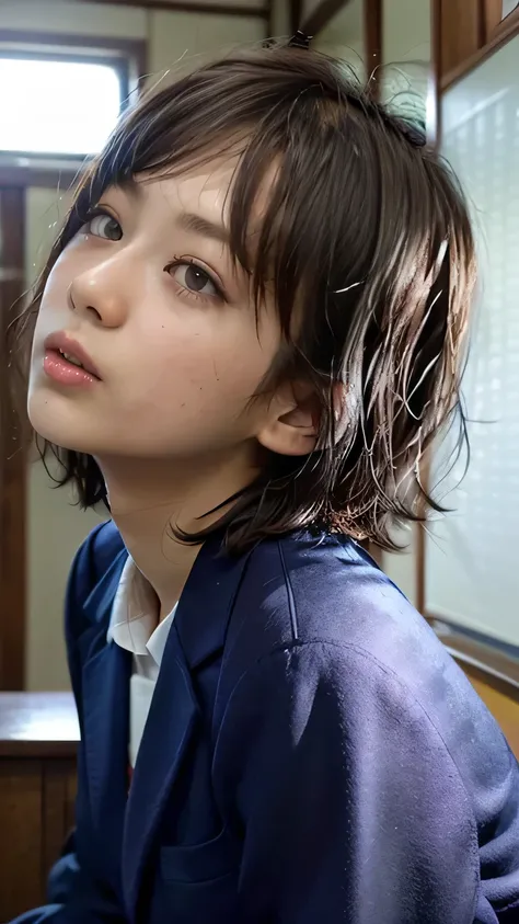  (Black Hair、Very Very Short Hair:1.5、Cecil Cut:1.5、boyish、look up)、View from above:1.3、(Japanese school classroom)、Clevis、(Realistic、As shown in the picture、live-action、8k, Realistic, RAW Photos, Highest quality: 1.4), SLR camera、RAW Photos, Best Quality,...