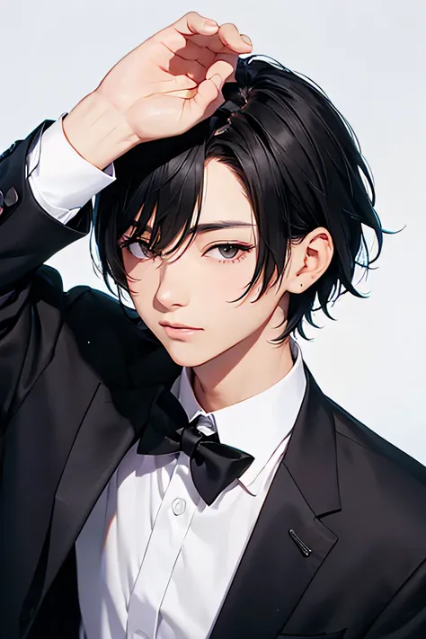 Japanese　　Handsome　Short cut　Shaved head　Black Hair　male　Black Tuxedo　formal　Upper Body　Background Universe　Short cut　Shaved head Only one person with metal frame glasses