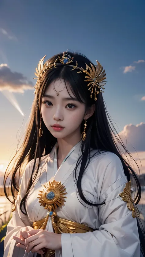 beautiful fantastic empress shape woman on sun background,A woman wearing a white dress and a crown,beautiful日本の女神の姿を描いた, Black hair shining like the sun,(Amaterasu Oomikami, Sun Goddess),Sailor Galaxia. beautiful,Ancient Japanese Goddess Statue,Mythical p...