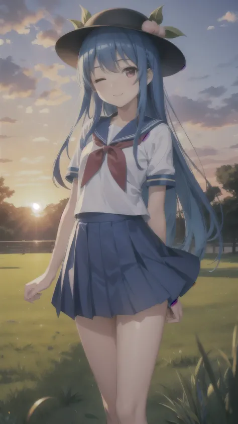 masterpiece, best quality, ultra detailed, (Hinanawi Tenshi), flat chest, long hair, straight hair, beautiful hair, blue hair, young, kawaii, 1person, slim, red eyes, peach on hat, long skirt, sailor suits, school uniform, plain skirt, indigo skirt, smile,...