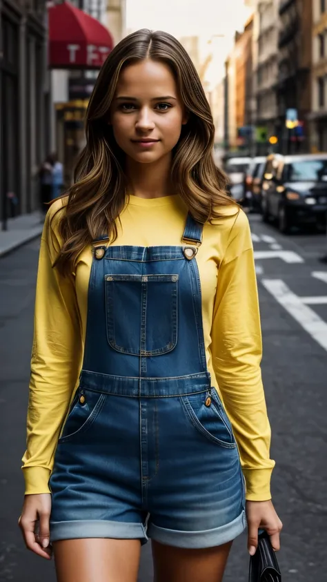 Foto hiperrealista en primer plano de Alicia Vikander, masterpiece, best quality, (photorealistic:1.4), full body, (yellow long-sleeves t-shirt)  and (blue jeans shorts overalls:1.1),  New York street, sunny dat, soft lighting, cinematic light, beautiful w...