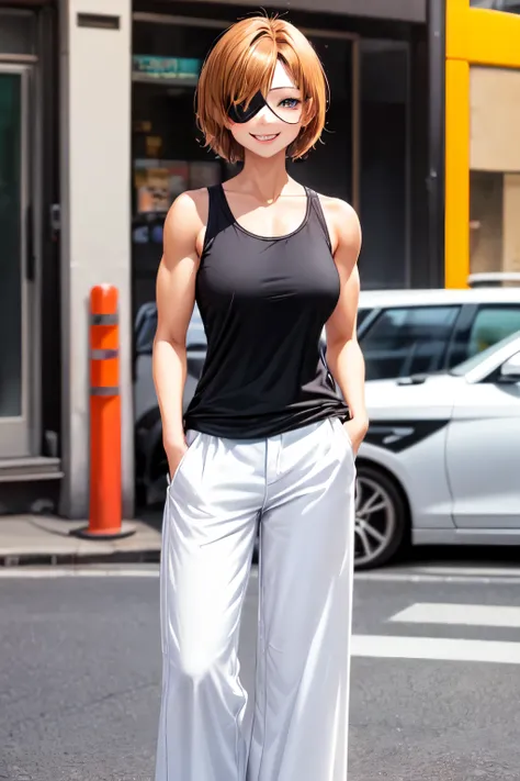 Female, Tan , Short hair, Black , Looks quite muscular, Lots of details, สวม Gojo Eye Patch, Wearing a black sleeveless shirt, Wear loose pants and white clothes., Standing with hands in pockets ,A smile with a few fangs showing.