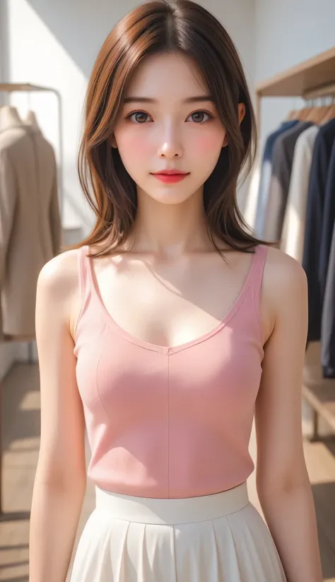 photography, Practical, Full body photo，An Asian girl wearing a pink sleeveless shirt and a white skirt stands in a clothing store, She wears beautiful lipstick, sunlight, Detailed, Beautiful makeup 