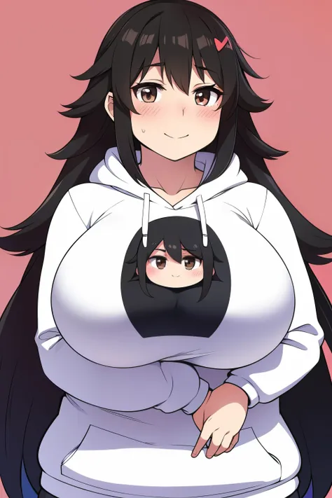 Chubby big boobs black hair brown eyes happy long messy hair blushing smile deredere white hoodie 