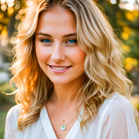 A highly realistic portrait of a beautiful 24-year-old blonde woman with soft wavy golden hair, bright blue eyes, and flawless glowing skin. She has delicate features, a gentle smile, and wears a light pastel blouse. The background is softly blurred, with ...