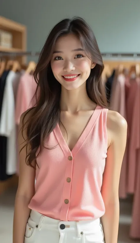 photography, Practical, Full body photo，An Asian girl wearing a pink sleeveless shirt and a white skirt stands in a clothing store, She wears beautiful lipstick, sunlight, Detailed, Beautiful makeup 