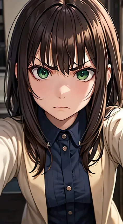 Anime girl hair brown green eyes face selfie angry 