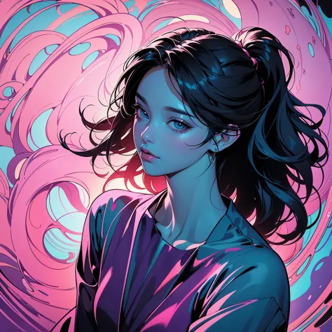 Woman in glitched pose, hair distorting, and clothes convulsing, set against a vibrant, swirly 1980s-inspired background echoing teal and pink disco hues reminiscent of Alphonse Muchas dynamic illustrations and WLOPs distinctive style. Incorporating 3D ani...