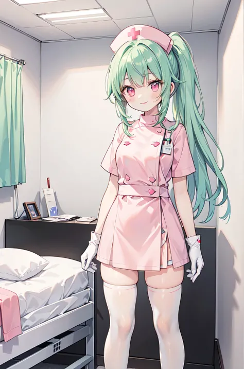 1girl, solo, nurse, nurse cap, white nurse uniform, ((white legwear, zettai ryouiki)), white gloves, ponytail, green hair, pink eyes, smile, standing, ((hospital room)), sharp outline, short sleeves, best quality, masterpiece