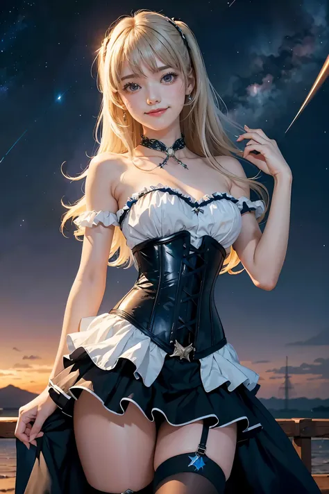 (masterpiece, best quality:1.2), cowboy shot, solo, 1girl, sheryl nome, smile, closed mouth, looking at viewer, strapless dress,...