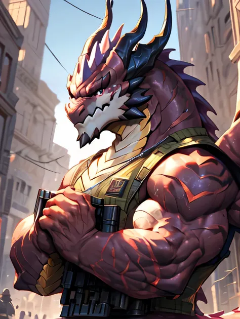 (dragon), two colors, scars on the face, wearing sunglasses,necklace hanging around the neck,(muscular body:1.3), scars on the f...