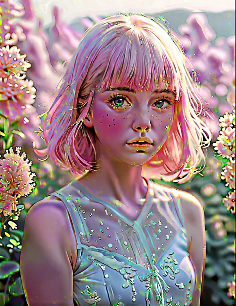 Digital illustration featuring a young woman with a fair complexion and a serene expression. She has short, pastel pink hair with blunt bangs that frame her face. Her skin is smooth and luminous, with a slight blush on her cheeks and a few freckles across ...