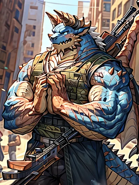 (dragon), two colors, scars on the face, wearing sunglasses,necklace hanging around the neck,(muscular body:1.3), scars on the f...