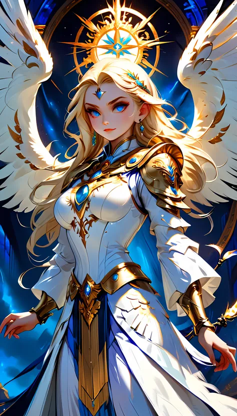 arafed, dnd art, female aasimar, (masterpiece intense details), paladin, holy warrior, full body, large angelic wings, white ang...