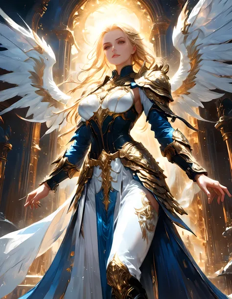 arafed, dnd art, female aasimar, (masterpiece intense details), paladin, holy warrior, full body, large angelic wings, white ang...