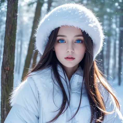 portrait, high quality, ukrainian  fairy winter snow in the forest through the trees about , blue eyes, smooth skin, ((best qual...