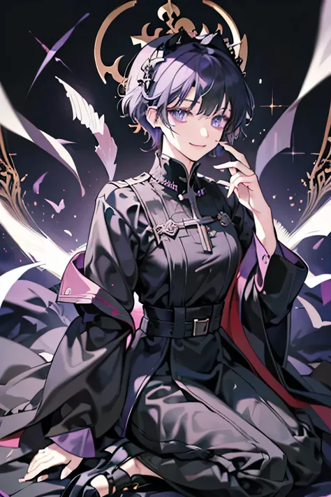 Purple short hair、One man、Hair that bounces out、Black headdress、Visual Kei、Danmei、black long wedding dress、Purple Eyes、Droopy eyes、smile、Guru、Gothic、whole body、Black heels、**Cassock, saint, cathedral background, dark purple hair, man twenty years old, one ...