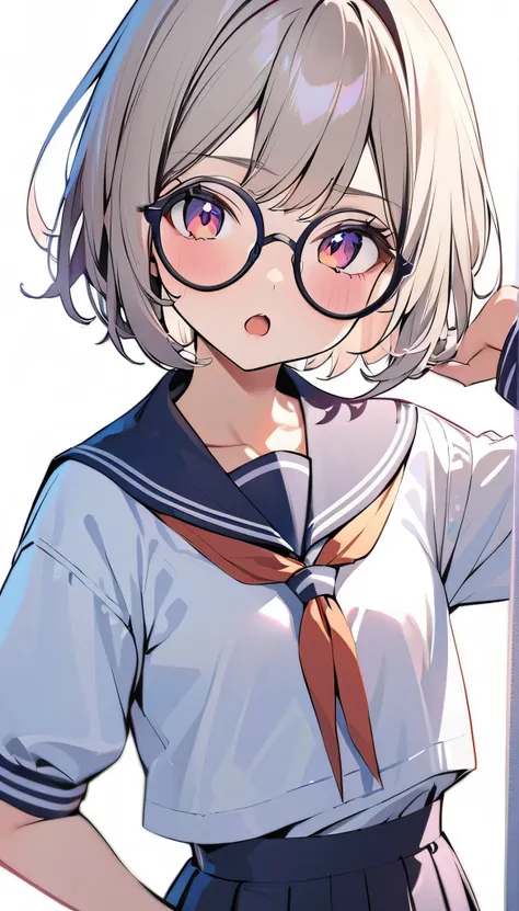 best quality , super detail, 1girl, bob cut, flat chest , short hair , school uniform, round_eyewear, hand on hip,looking at viewer,open mouth,white background