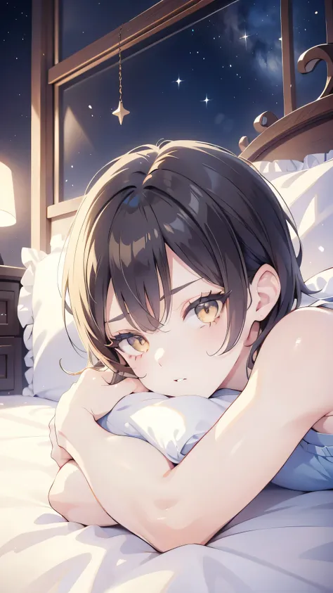 short hair, brown hair, yellow glowing eyes, perfect lips,sleepy look , ready to sleep, cute expression, cute face, laying in the bed, pajama, pillow, tank top, babe doll , sleepyhead pose, ultra detailed face, long eyelashes, sharp eyes , Fullbody shot,...