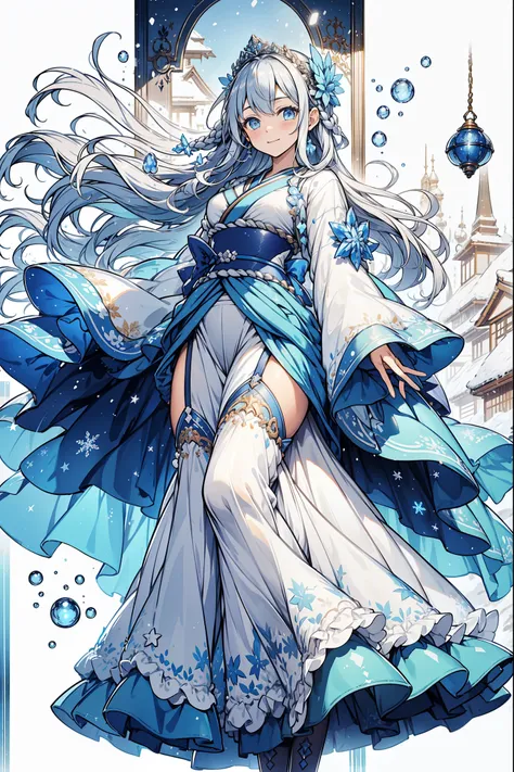 saint，Holy，have fun，El Salvador，(White semi-transparent soft skirt:1.2)，Black suspender boots，(Silver Hair:1.2)，Blue Eyes，(There is an ornament made of ice on the head)，Light blue pattern，Light blue edge，Minimalism，Ruffles，Lace，Exquisite embroidery，Beautif...