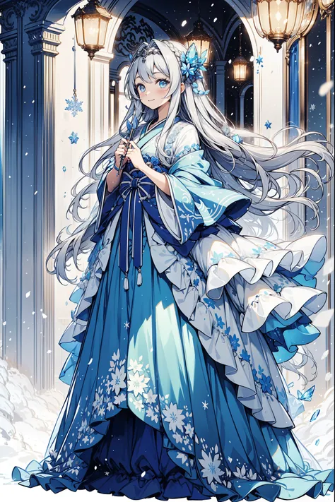 saint，Holy，have fun，El Salvador，(White semi-transparent soft skirt:1.2)，Black suspender boots，(Silver Hair:1.2)，Blue Eyes，(There is an ornament made of ice on the head)，Light blue pattern，Light blue edge，Minimalism，Ruffles，Lace，Exquisite embroidery，Beautif...