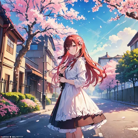 ((Ultra-realistic details.) (masterpiece, high quality, Best Quality Official Art, Beauty and aesthetics: 1.2), Very detailed, Colorful, The most detailed, Branches, architecture, Barbed Wire, Cherry blossoms, fence, Long hair, Outdoor, petal, Landscape Ra...