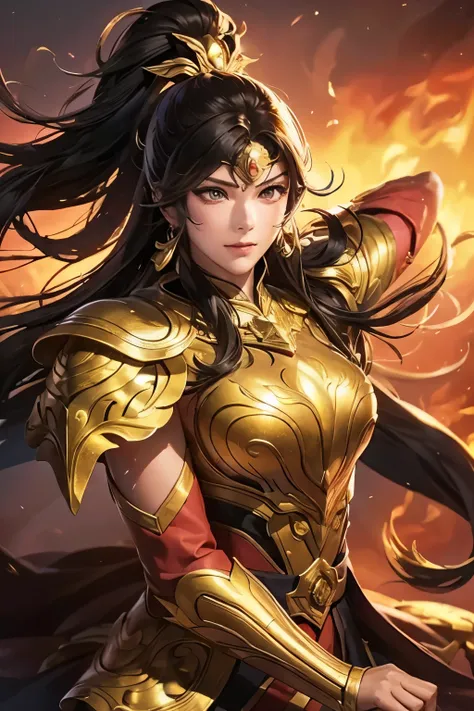 (masterpiece), (top quality), (), the girl in golden armor, nice pose, battle background, fire background, saint seiya armor, me...