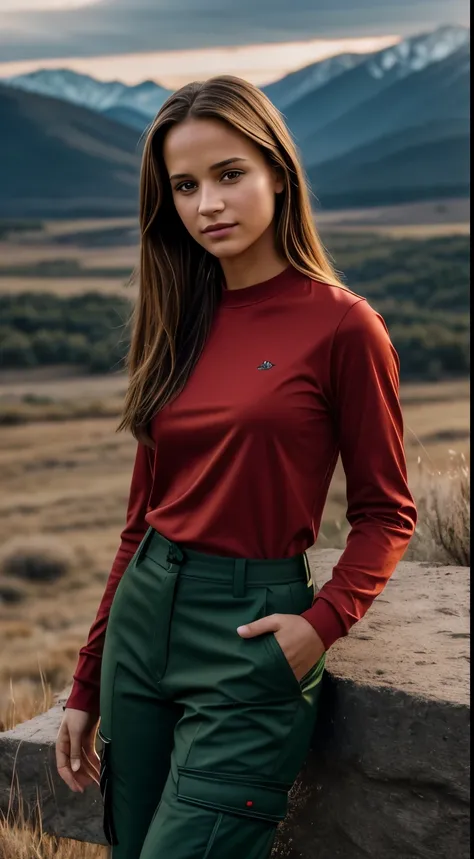 Foto hiperrealista en primer plano de Alicia Vikander, masterpiece, best quality, (photorealistic:1.4), full body, (red red red luxury long sleeves T-shirt:1.2) and (green cargo pants:1.2),, on the ranch, grey day, Montana mountains in the background, cine...