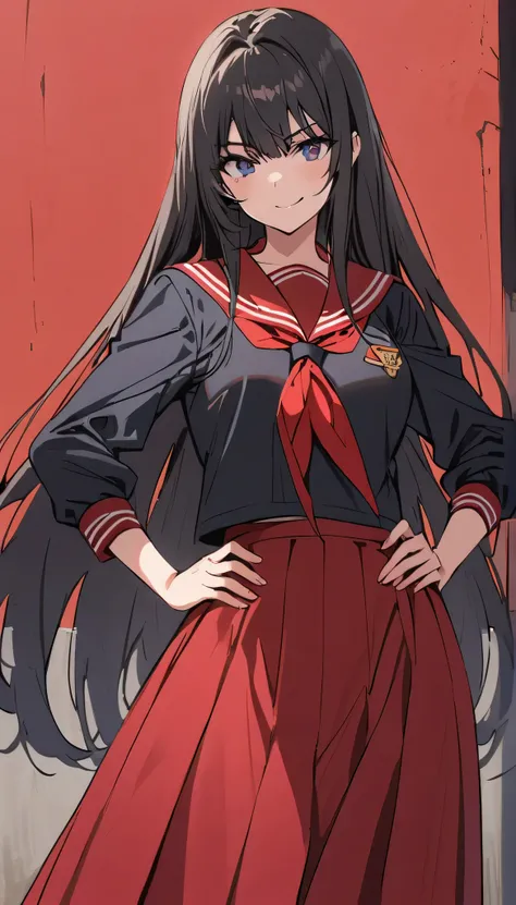 high school girl　beauty　Black Hair　Straight Long Hair　smile　Glare　frivolous attitude　Glaring at me　Black Sailor Suit　Long skirt　Roll up your sleeves　belly button　Put your hands on your hips　Clutch the sword　School