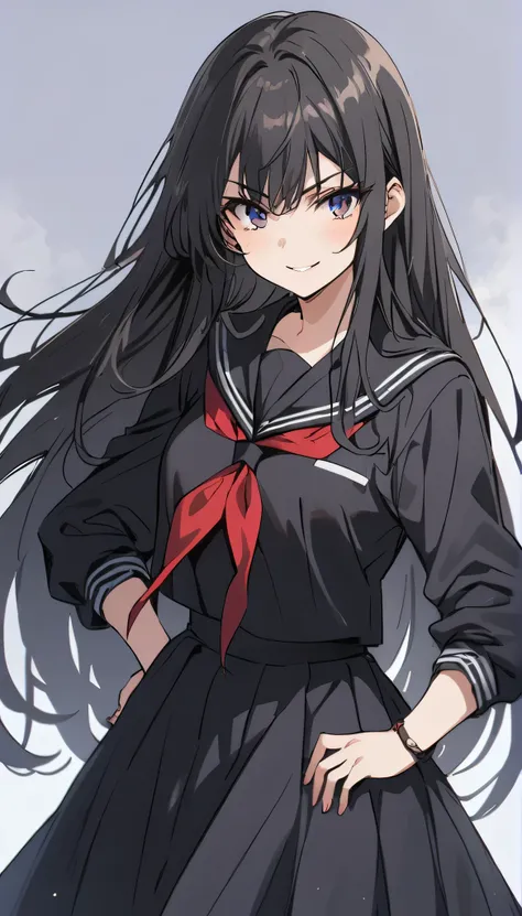 high school girl　beauty　Black Hair　Straight Long Hair　smile　Glare　frivolous attitude　Glaring at me　Black Sailor Suit　Long skirt　Roll up your sleeves　belly button　Put your hands on your hips　Clutch the sword　School