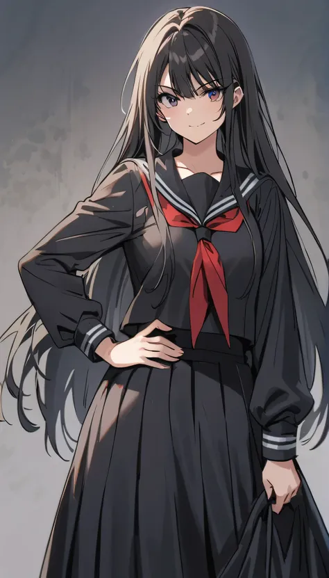 high school girl　beauty　Black Hair　Straight Long Hair　smile　Glare　frivolous attitude　Glaring at me　Black Sailor Suit　Long skirt　Roll up your sleeves　belly button　Put your hands on your hips　Clutch the sword　School
