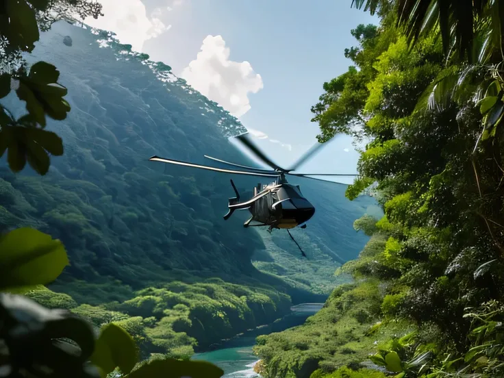 Futuristic black  military helicopter, crashing into a rocky mountain in a jungle, realistic, view wide angle from behind the helicopter 