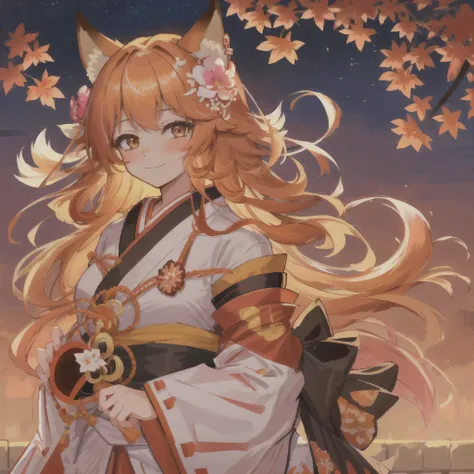 masterpiece, best quality, highly detailed, 1girl, solo, (:3:1.1), animal ear fluff, animal ears, orange hair, fluffy hair, blush, brown eyes, flower, fox ears, fox girl, gradient, gradient background, hair flower, hair ornament, japanese clothes, kimono, ...