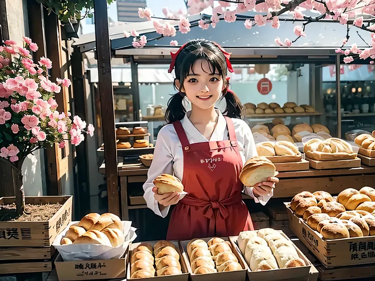Moametal, from the Japanese band BABYMETAL, stands behind a charming, traditional bakery stall on a sunny morning. Her signature twin pigtails are neatly tied with red ribbons, bouncing as she greets you with a cheerful smile. Instead of her usual gothic-m...