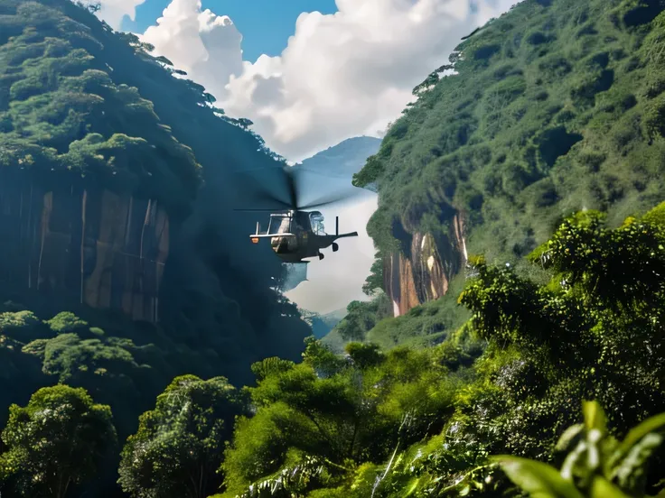 Huge explosion in the jungle, Futuristic black  military helicopter crashing into a rocky mountain in a jungle, realistic, view wide angle from behind the helicopter 