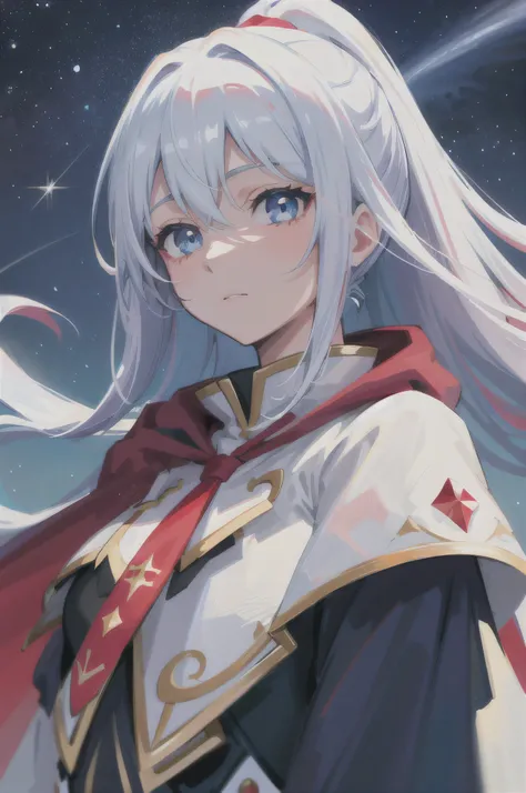 White hair, blue eyes, high ponytail, cape,Red hair gradient,{{best quality}}, {{masterpiece}}, {{ultra-detailed}}, {illustration}, {detailed light}, {an extremely delicate and beautiful}, a girl, {beautiful detailed eyes}, stars in the eyes, messy floatin...