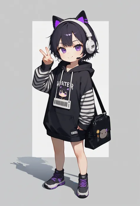 (masterpiece:1.3), (best quality:1.2), ((Basic shading)), anime style, ((semi-chibi)), girl, cool, confident, hacker, ((full body)),
(character:1.1): light skin, long messy black hair, purple eyes, headset with cat ears,
(clothing:1.1): yellow t-shirt, bla...