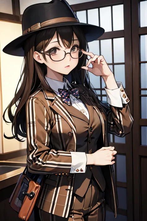 anime、High image quality、High resolution、masterpiece、Detective woman、Wearing round glasses、(Checkered brown suit)、Tokyo in the early Showa period、At dusk、Thoughtful face、(Fedora)、