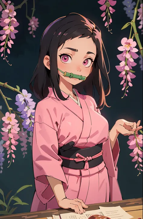 masterpiece, (pink kimono), seductive face, good lighting, décolleté, fine details, masterpiece, glowing eyes, 1girl, black hair, bamboo mouth gag, Nezuko Kamado, japanese country house background, wisteria background, masterpiece, best quality, POV, whole...