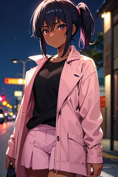 anime girl with short hair tied in a ponytail, dark skin , the plan , he would be , she had , in a pink coat on a street at night