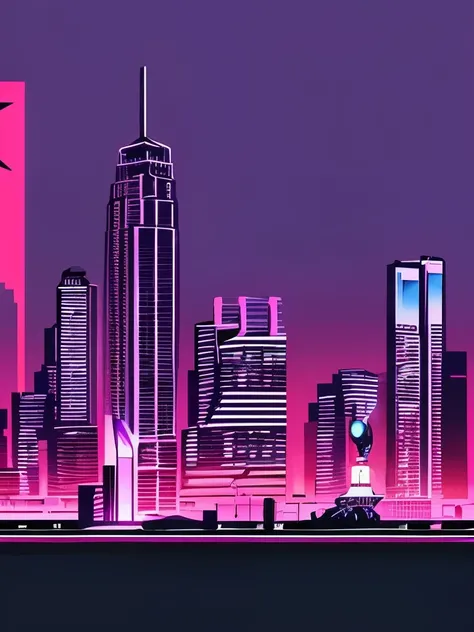 a purple and black poster with a city skyline in the background, cyberpunk art inspired by Dan Mumford, trending on Artstation, digital art, 4 k hd wallpaper illustration, 4 k hd illustrative wallpaper, style of gta v artworks, masterpiece epic retrowave a...