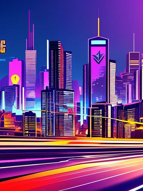 a purple and black poster with a city skyline in the background, cyberpunk art inspired by Dan Mumford, trending on Artstation, digital art, 4 k hd wallpaper illustration, 4 k hd illustrative wallpaper, style of gta v artworks, masterpiece epic retrowave a...