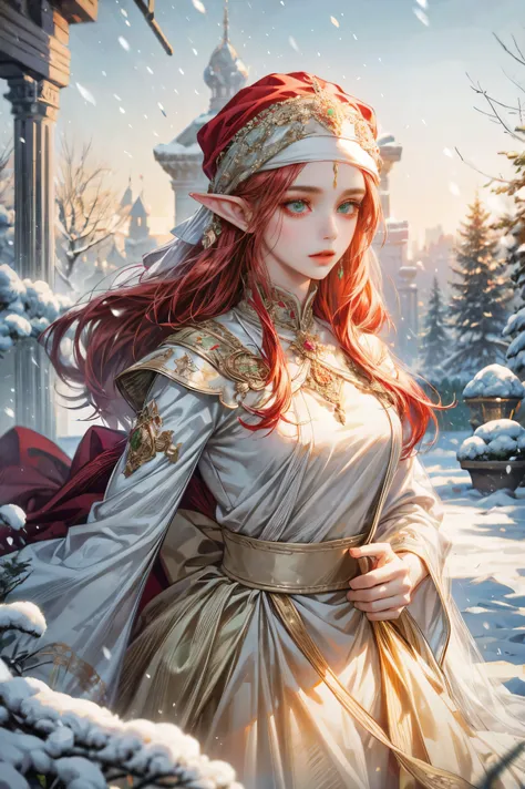 Elf woman, looking at the viewer, red hairl, traditional clothes, arabian clothes, turban ,expressive face, background garden, winter , snow scatter , snow floating,masterpiece, beautiful detailed eyes,green eyes
